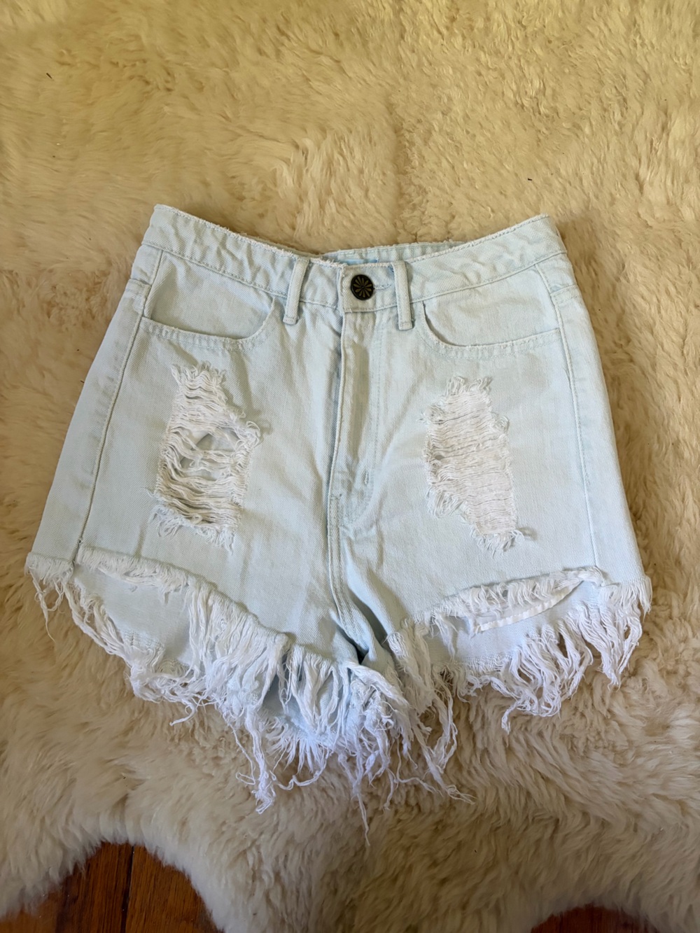 Vintage Show Me Your Mumu High Waisted Light Wash Distressed Denim Shorts sz 26